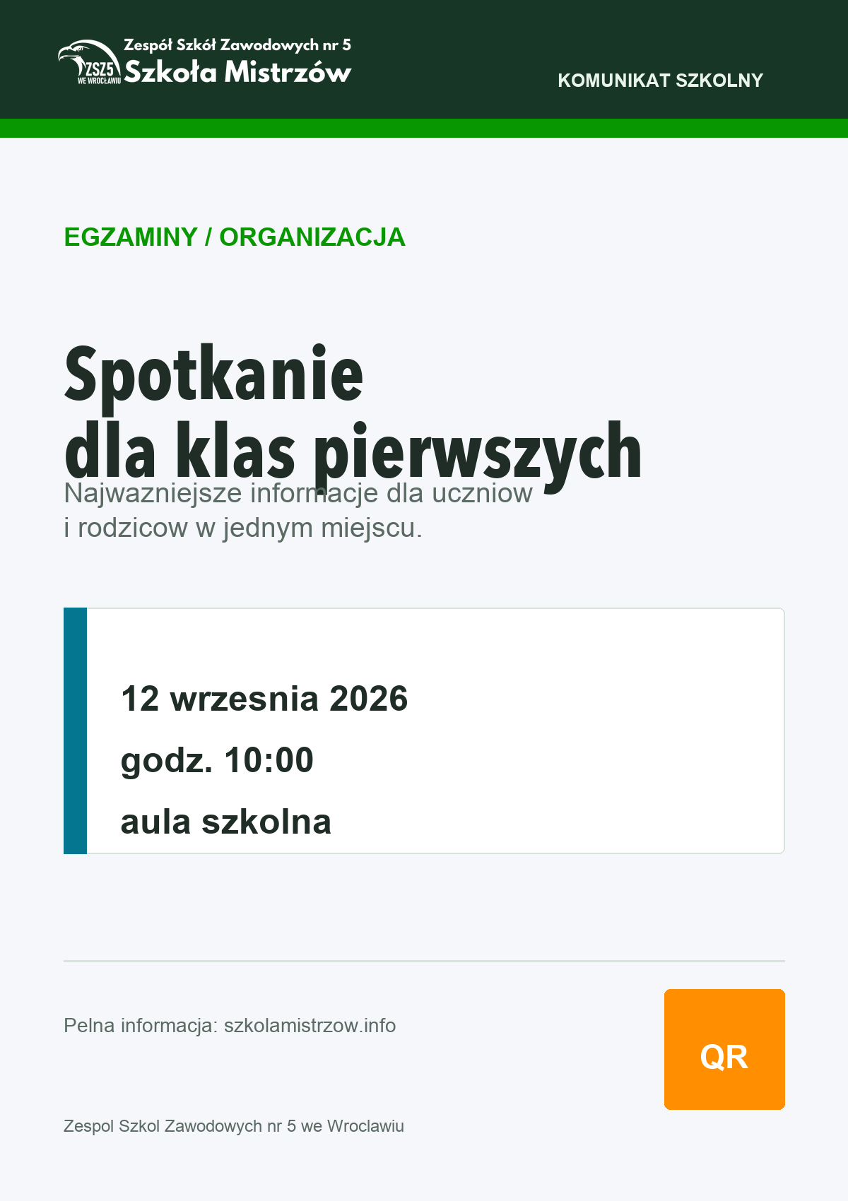 Przykładowy plakat informacyjny ZSZ5 z belką logo, nagłówkiem, leadem i blokiem danych.